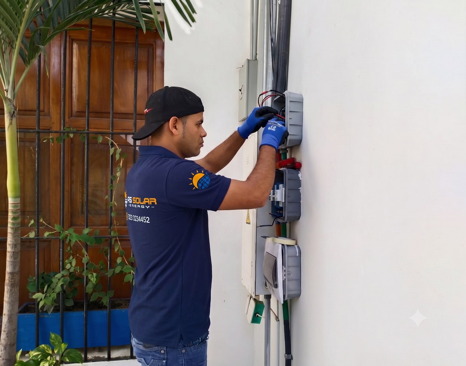 Técnico de AS Solar Energy instalando caja de conexiones eléctricas